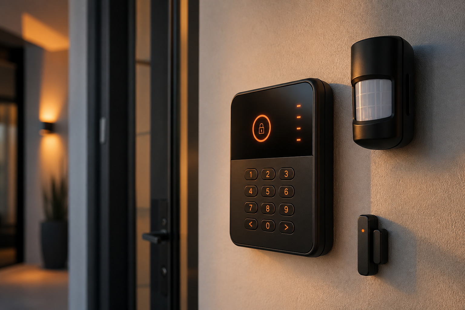 Security alarm keypad, motion detector, and door sensor