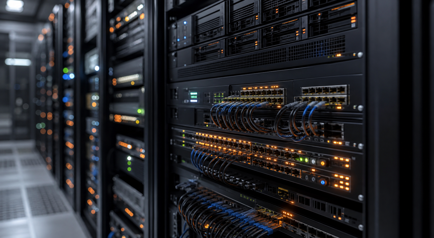 Network and server rack with switches and organized cables